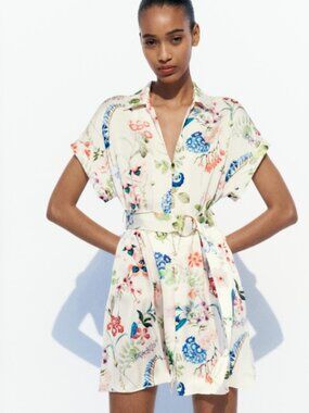 Zara Floral Print Satin Dress with Matching Belt | Size M
